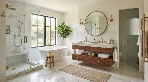 Bathroom design inspiration with light tile, dark cabinetry, and brass fixtures
